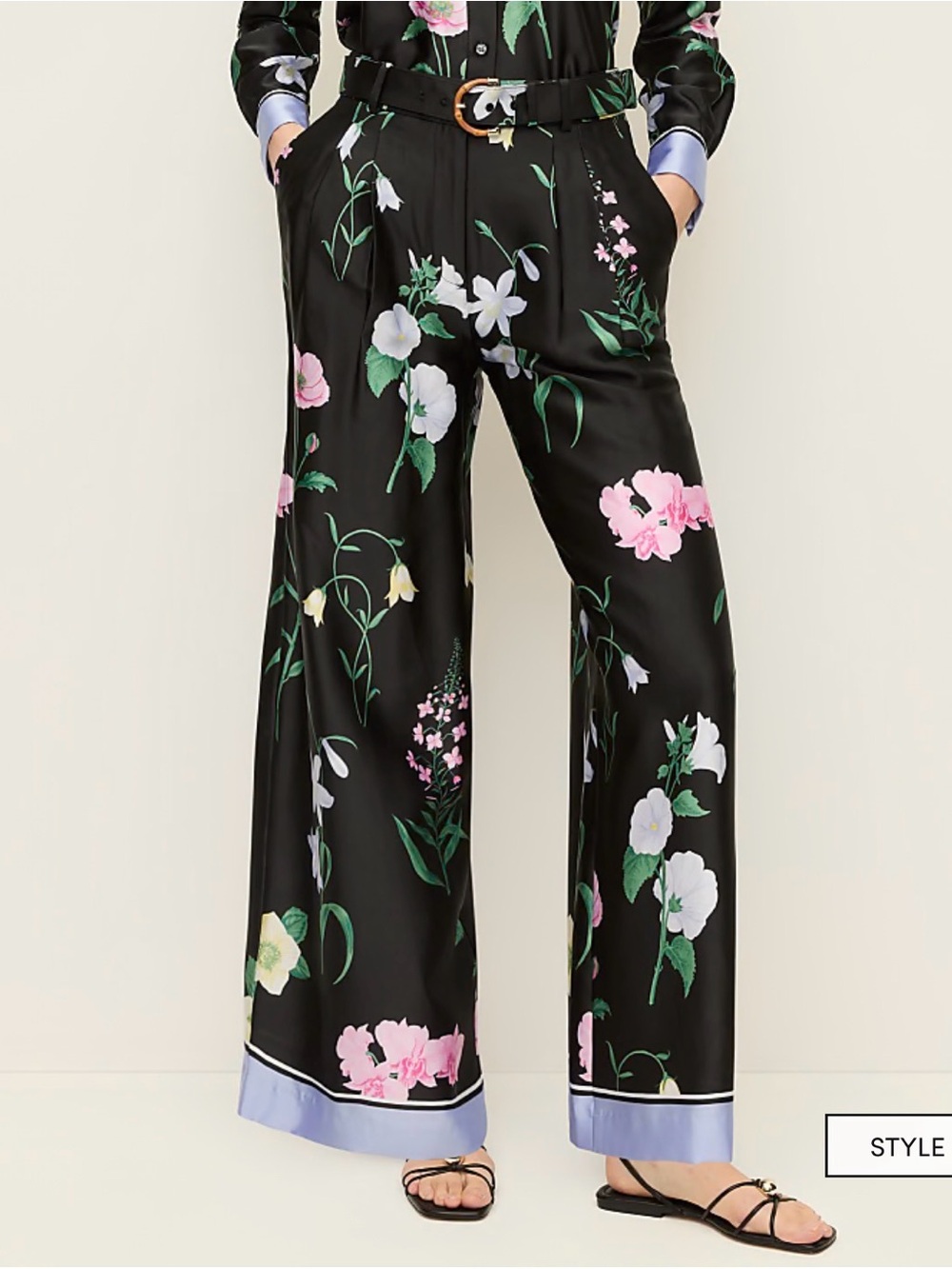 Ann Taylor Black Floral Belted Pants with Bamboo Buckle